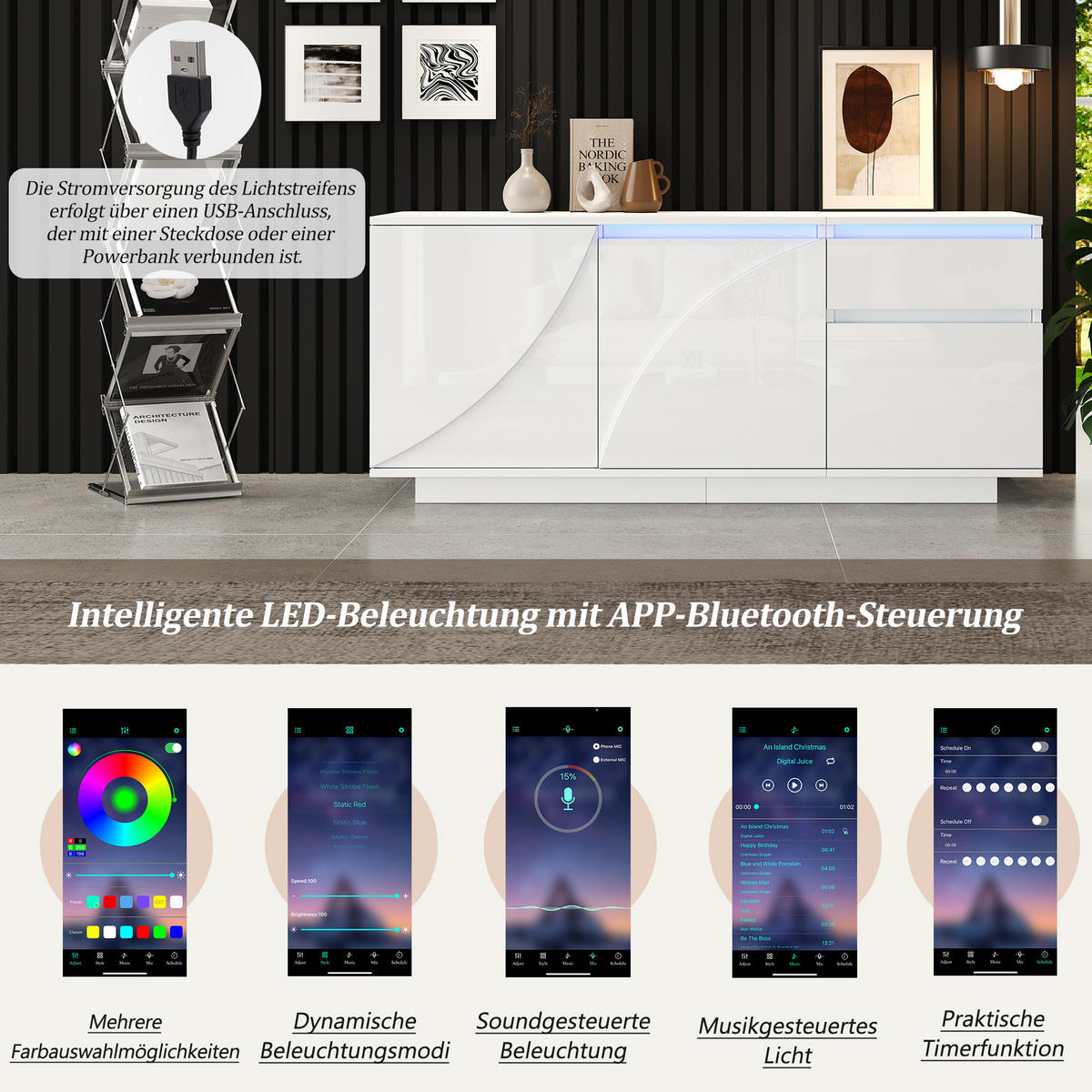 SIDEBOARD Weiß Hochglanz mit LED & 3 Türen 1 Schublade 140×40×60 cm - Weiß, Holzwerkstoff (140/60/40cm) - Urban Meuble