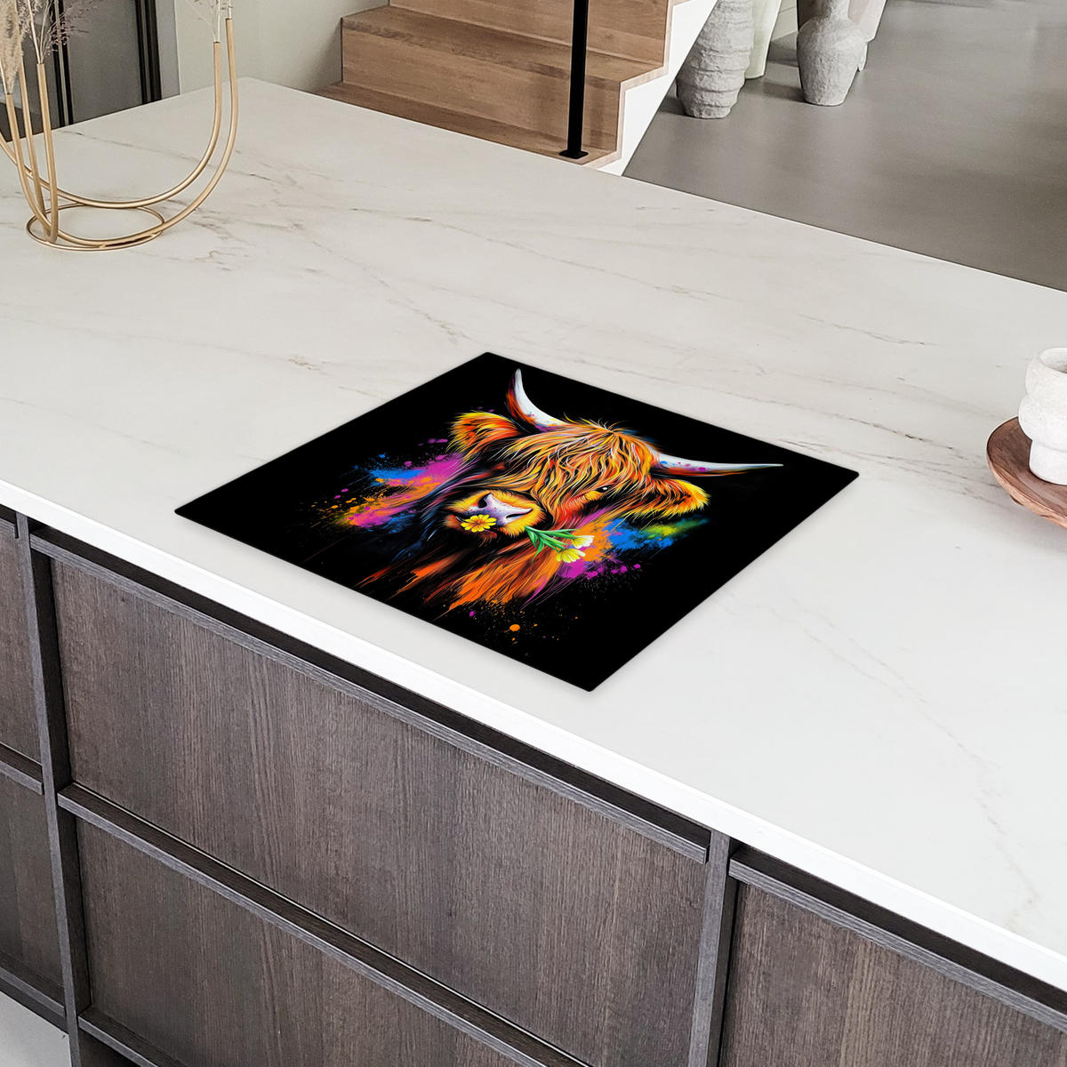 HERDABDECKPLATTE Schottischer Highlander - Graffiti - Bunt - Blume - Tiere Herdabdeckung Induktionsfeld 60x52 cm - Multicolor, Kunststoff (60/52/0.2cm) - MuchoWow
