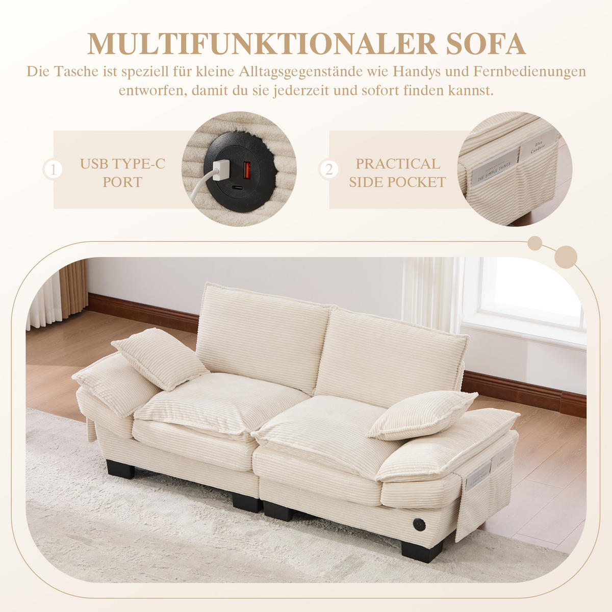 2-SITZER SOFA Cord Beige mit USB-C und Seitentaschen - Beige, Holzwerkstoff/Kunststoff (190/84/73cm) - WISHDOR