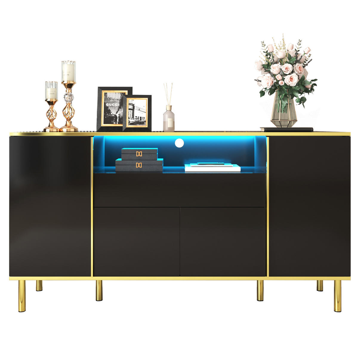 SIDEBOARD mit LED-Beleuchtung und goldenen Akzenten - Weiß, Holzwerkstoff (150/80/40cm) - Urban Meuble