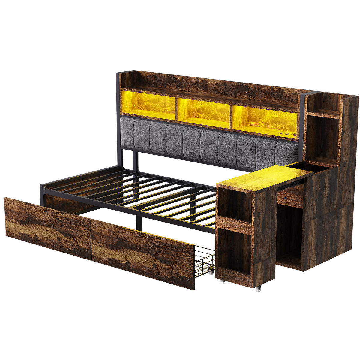 BETT 90/200 cm aus Metall mit Schreibtisch, Stauraum und Steckdosen, farbe - Naturfarben, Metall (90/200cm) - Redom