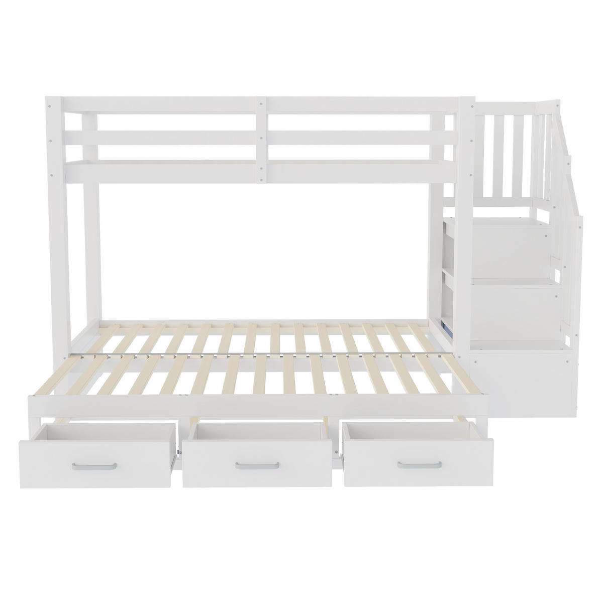 PATROVÁ postel 90/200 cm bílá z borovice a MDF s výsuvným lůžkem a úložnými schody - bílá, kompozitní dřevo (90/200cm) - OKWISH