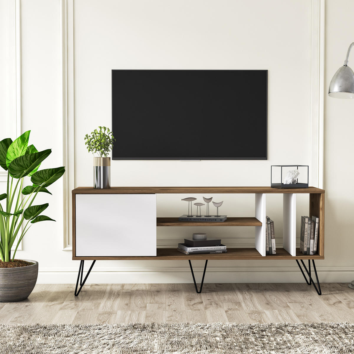 TV-ELEMENT Mictico 140 cm Walnuss Weiß - Walnussfarben/Weiß, Holzwerkstoff (35.5/58.4/140cm) - Decorotika