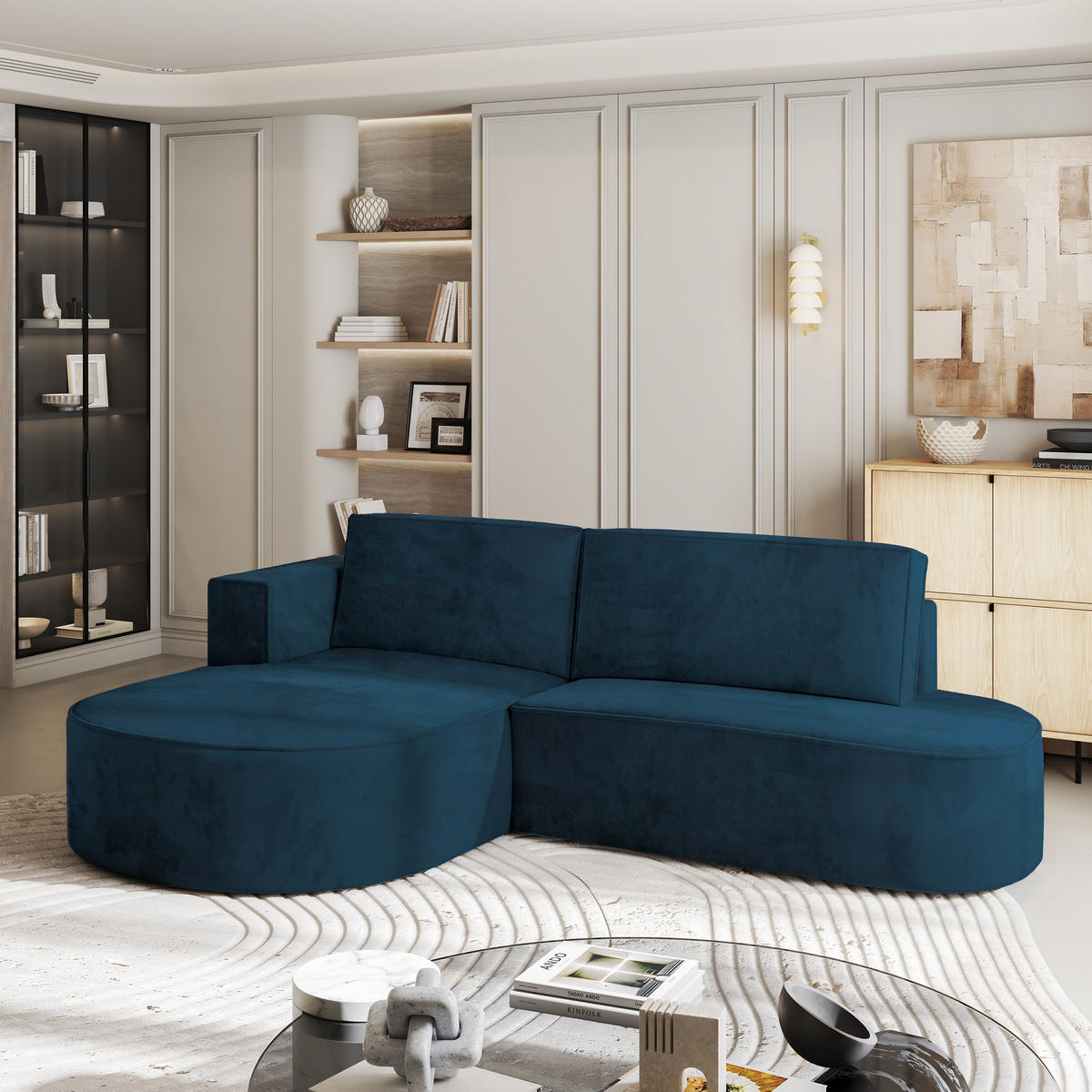 ROHOVÁ SEDAČKA CORTIO modrá - šedá/modrá, dřevo/textil (265/174cm) - MASSENO