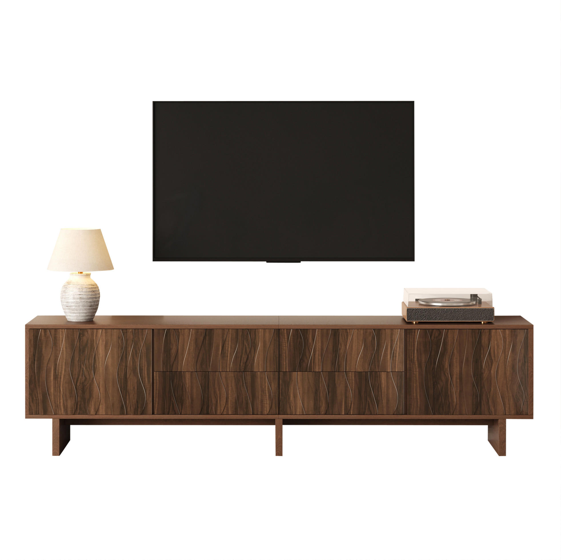 TV stolík 180/40/56 cm tmavý orech z drevotriesky s vlnitým dizajnom, 4 zásuvkami a 2 dvierkami - hnedá, kompozitné drevo (180/56/40cm) - OKWISH