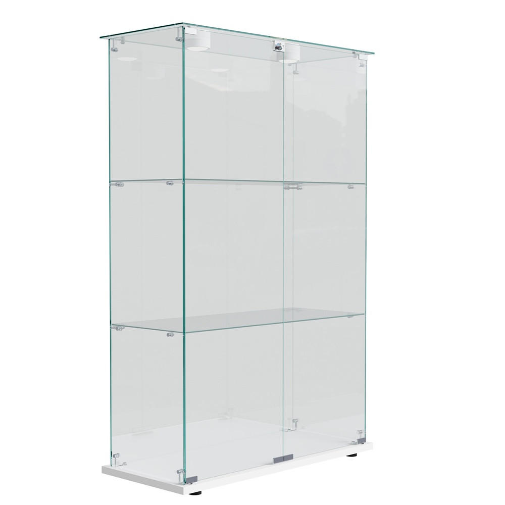 VITRINE - Glasvitrine mit 2 Türen und 3 Ebenen - integrierte LED-Spot-Beleuchtung - Weißer Holzboden - Weiß, Glas (78.5/123.3/35cm) - DELFA