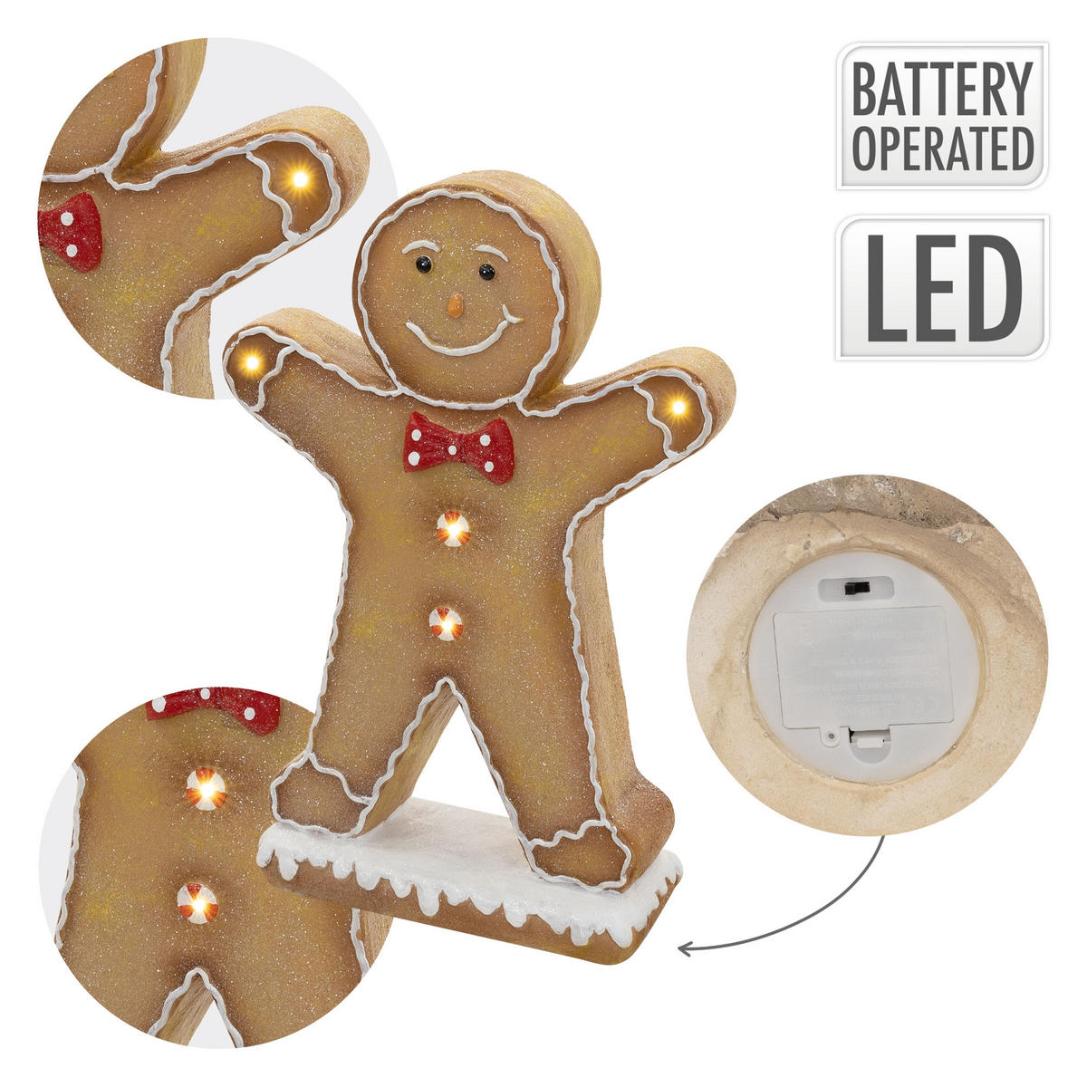 FIGURKA PERNÍKOVÉHO MUŽÍČKA s motýlkem, 75 cm, vánoční dekorace do interiéru s LED osvětlením - hnědá, kámen (50/75/20cm) - ECD-Germany