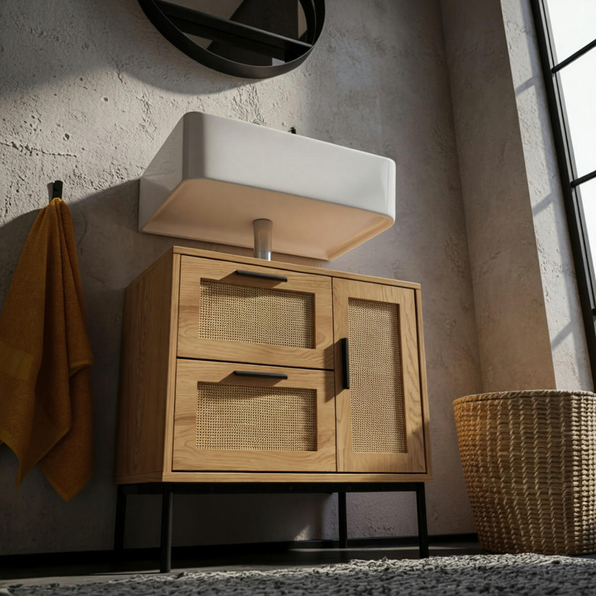 WASCHBECKENUNTERSCHRANK Eiche-Optik 60x60x40 cm mit Tür, Schubladen und Rattangeflecht - Schwarz/Braun, Holzwerkstoff/Metall (60/60/40cm) - KADIMA DESIGN