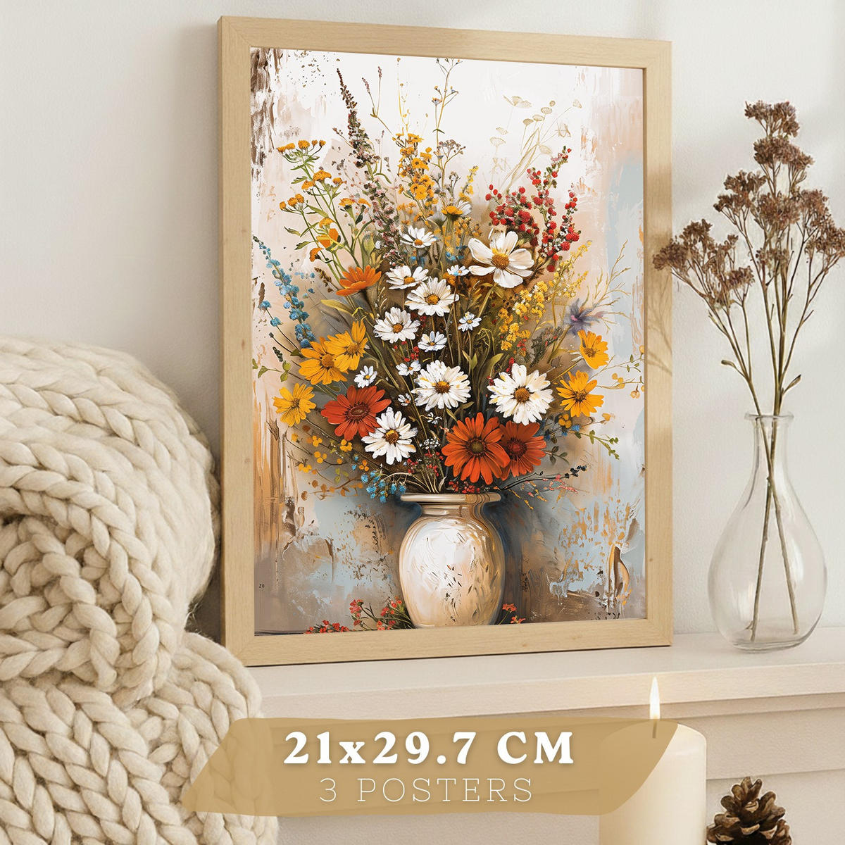 PLAKAT Sada 3 Květiny A4 bez rámu - čirá, papír (29.7/1/21cm) - Nacnic