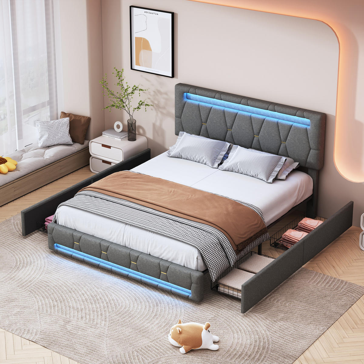 BETT 140 x 200 cm mit 4 Schubladen und LED, mit LED-Kopftei - Grau, Holzwerkstoff/Textil (140/200cm) - WoodenAura