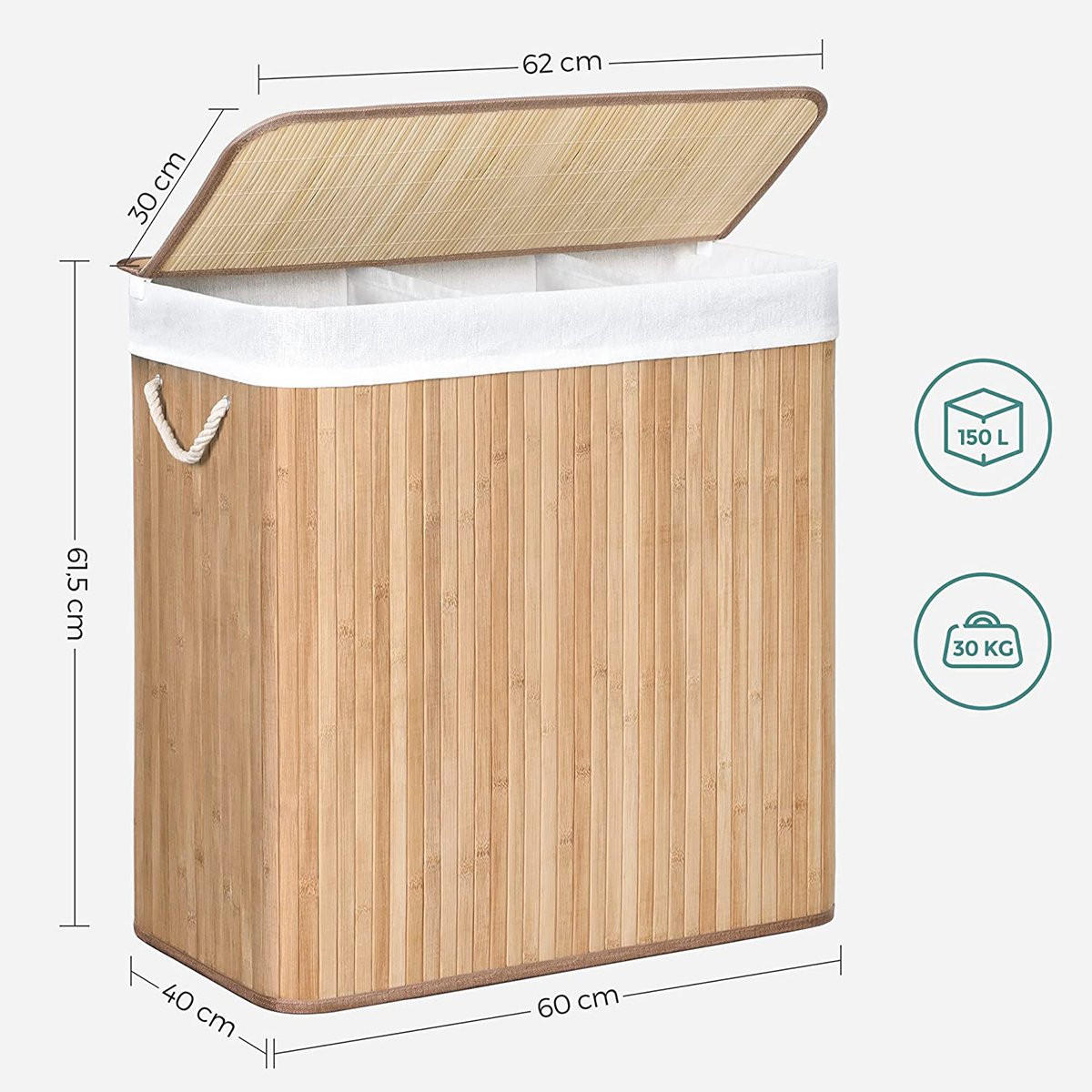 BAMBUS-WÄSCHEKORB mit 3 Fächern, Deckel und Griffen, 150L - L60 x H61,5 cm - Braun, Holz (40/61.5/60cm) - Calicosy