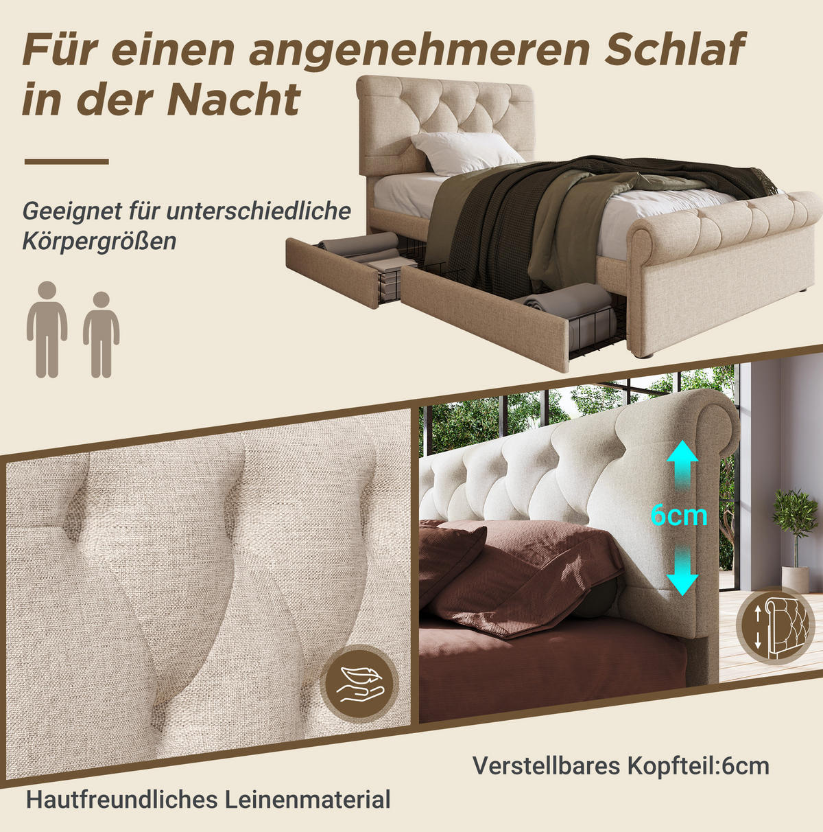 POLSTERBETT 90/200 cm Natur aus Metall und Holz mit 2 Schubladen - Naturfarben, Metall (90/200cm) - OKMYHOME