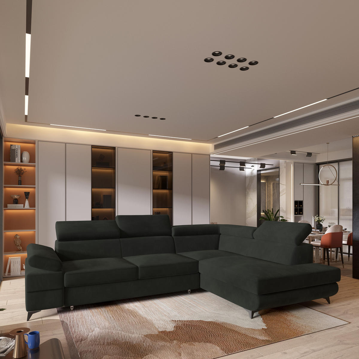 ECKSOFA FAVIEN R-S Schwarz Velours-Stoff mit Schlaffunktion - Schwarz, Holz (257/190cm) - MASSENO