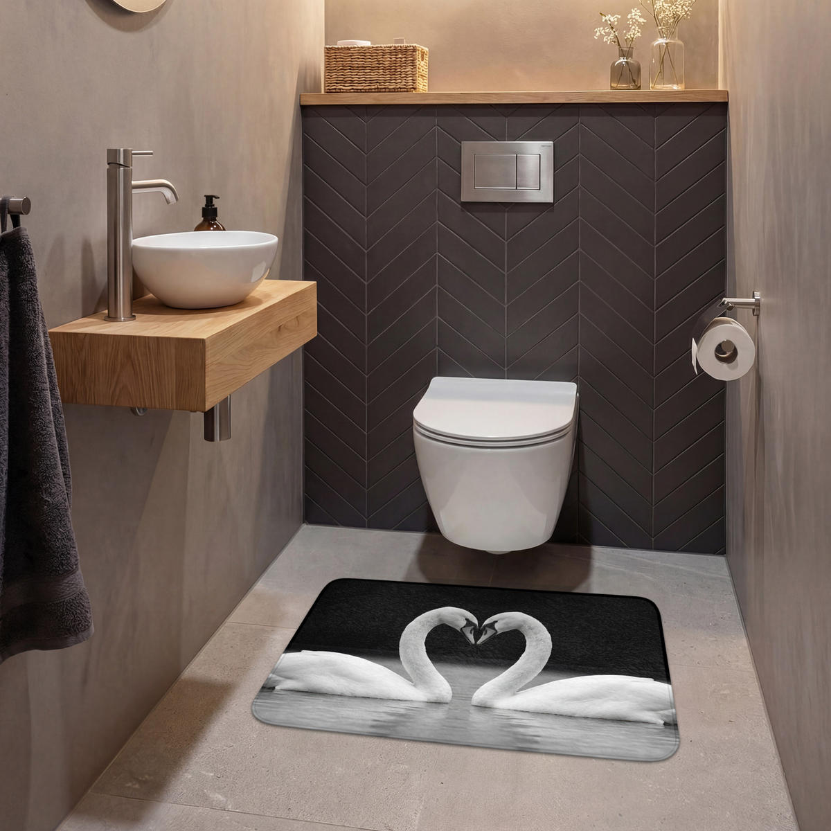 WC PŘEDLOŽKA Labutě - srdce - černá - bílá 80x50 cm - černá, textil/plast (80/1cm) - OnlyWow