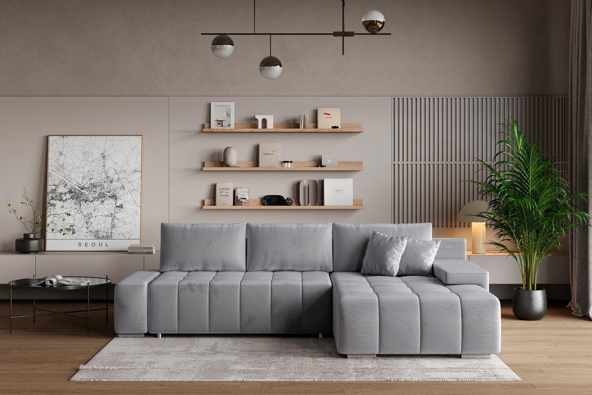 ECKSOFA ALESE R-S Hellgrau Velours-Stoff mit Schlaffunktion - Hellgrau, Holz (265/185cm) - MASSENO
