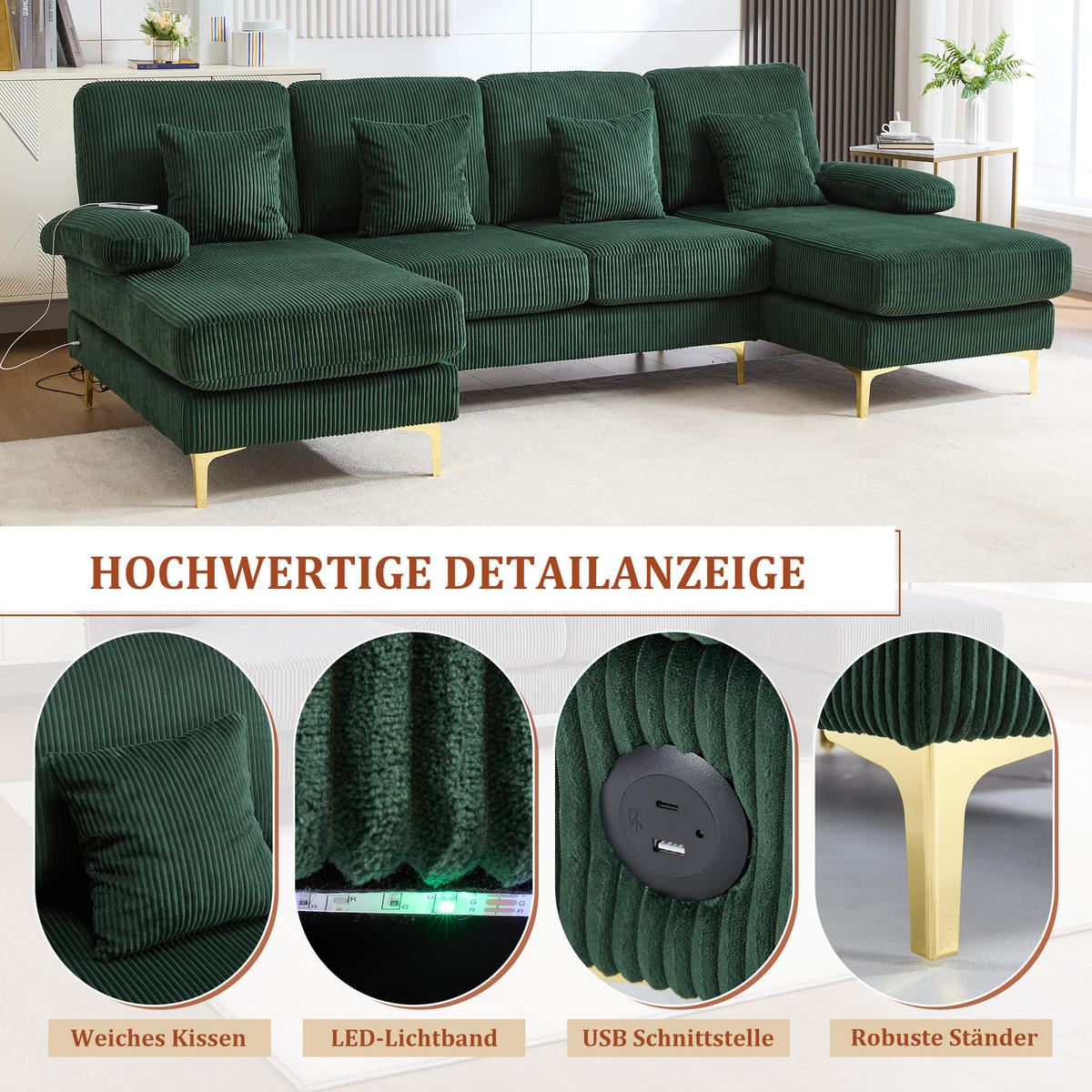 U-FORM Wohnlandschaft Samt mit LED und USB-Anschluss 265/135/88 cm Smaragdgrün - Smaragdgrün, Textil (135/88/265cm) - Redom