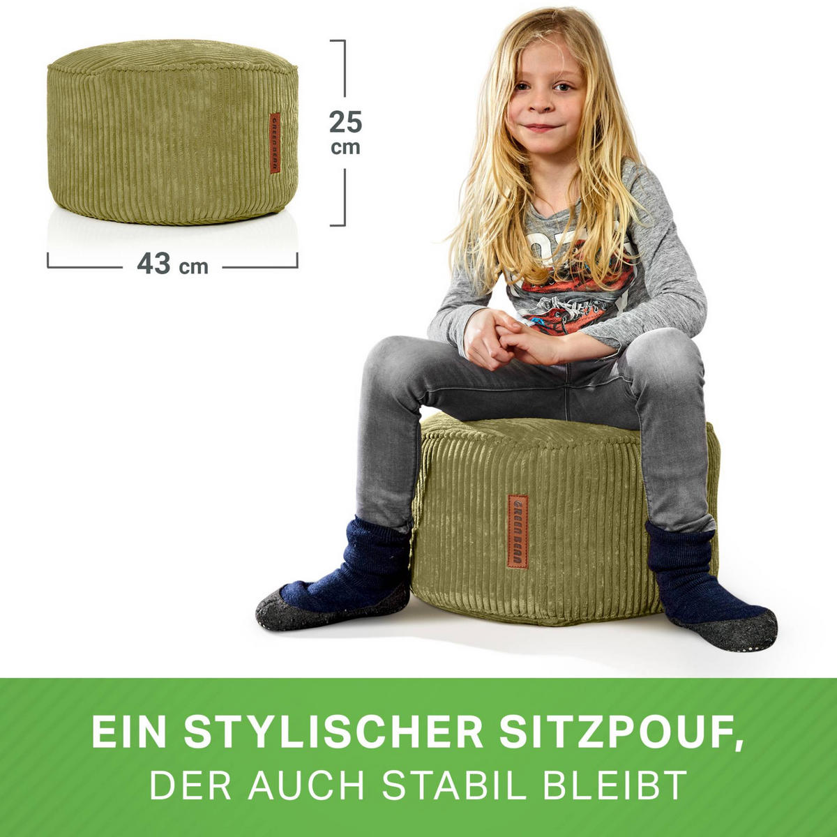 SITZSACK-HOCKER Pouf "Cord" 45x25cm - Grün, Textil (45/25/45cm) - Green Bean