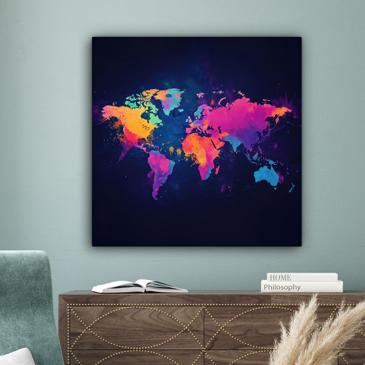 LEINWANDBILD Weltkarte - Bunt - Graffiti 90x90 cm - Multicolor, Textil (90/90cm) - MuchoWow