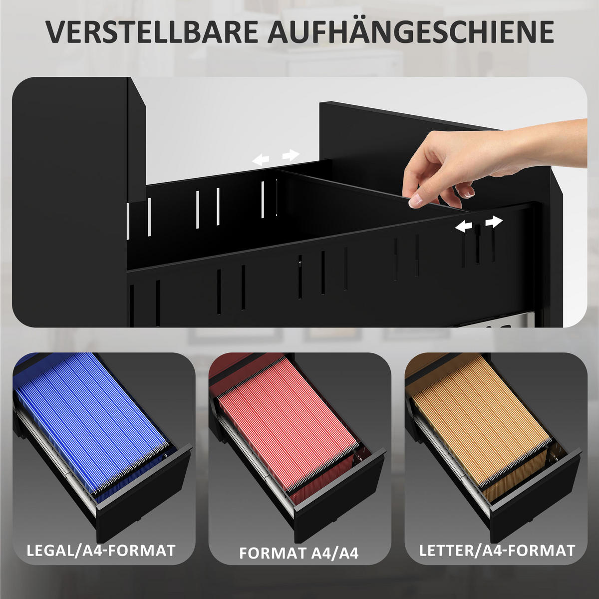ROLLCONTAINER mit 3 Schubladen mobiler Aktenschrank mit Rollen abschließbar - Schwarz, Metall (30/60/43.5cm) - Vinsetto