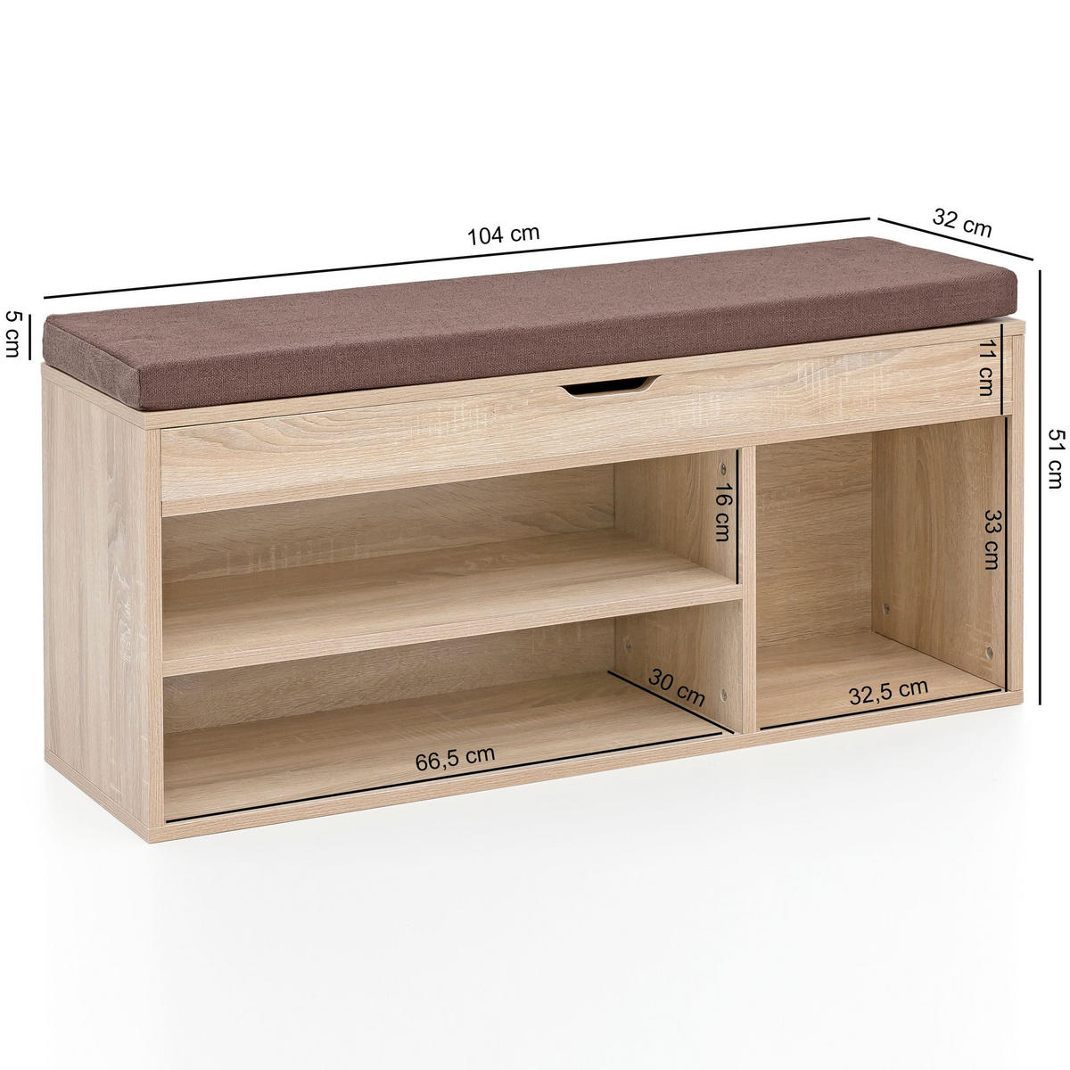 GARDEROBENBANK Holz gepolstert mit Stauraum, Beige 104x32x51 cm - Beige/Braun, Holz/Textil (104/51/32cm) - KADIMA DESIGN