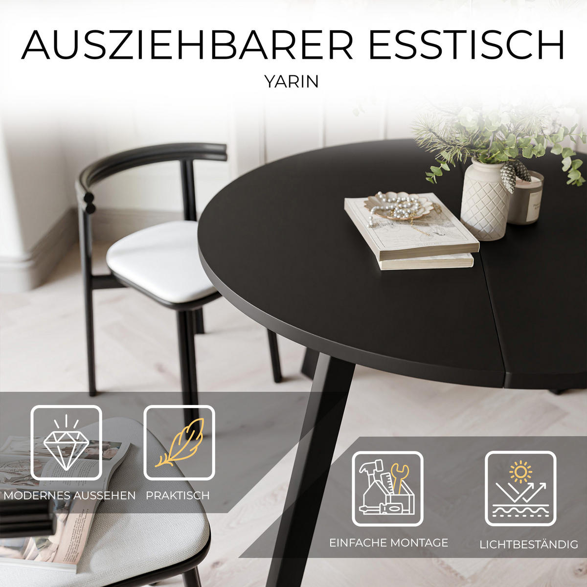 TISCH Schwarze Beine, MDF Tischplatte, Molet Schwarz - Schwarz, Holzwerkstoff (100/100/76cm) - Idohome