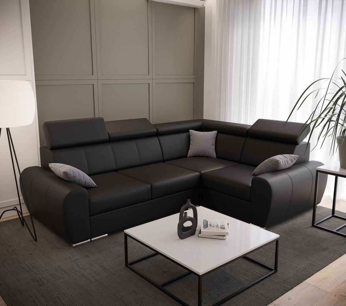 ECKSOFA APOLLO KN08, Eckcouch in L-Form mit Schlaffunktion, Farbe: Schwarz, Kunstleder, Ottomane Rechts - Schwarz, Textil (255/190cm) - O-Sofa