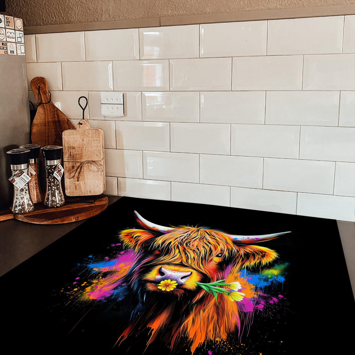HERDABDECKPLATTE Schottischer Highlander - Graffiti - Bunt - Blume - Tiere Induktionsmatte 78x78 cm - Multicolor, Kunststoff (78/78/0.2cm) - MuchoWow