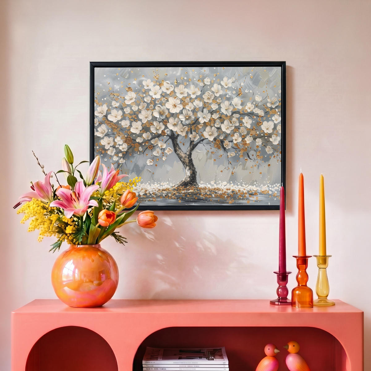 LEINWAND Bilder mit Rahmen - Baum - Blumen - Weiß - Natur - Kunst - 40x30 - Weiß, Textil (40/30cm) - MuchoWow