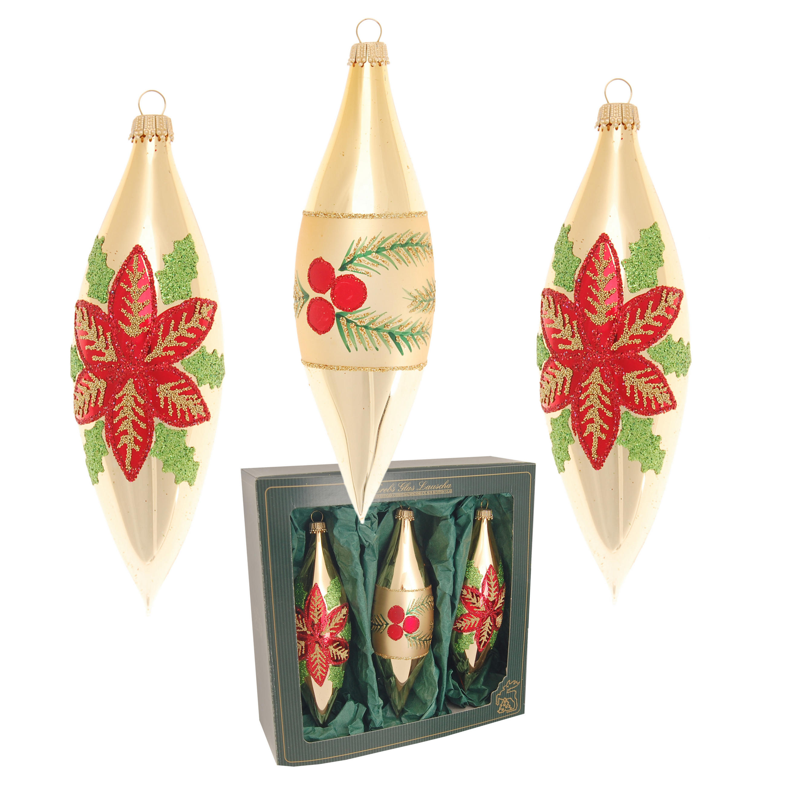 CHRISTBAUMSCHMUCK Oliven Weihnachtsstern Goldfarbig 15cm (Glas / 3 Stk.) - Goldfarben, Glas (4/14/4cm) - Krebs Glas Lauscha