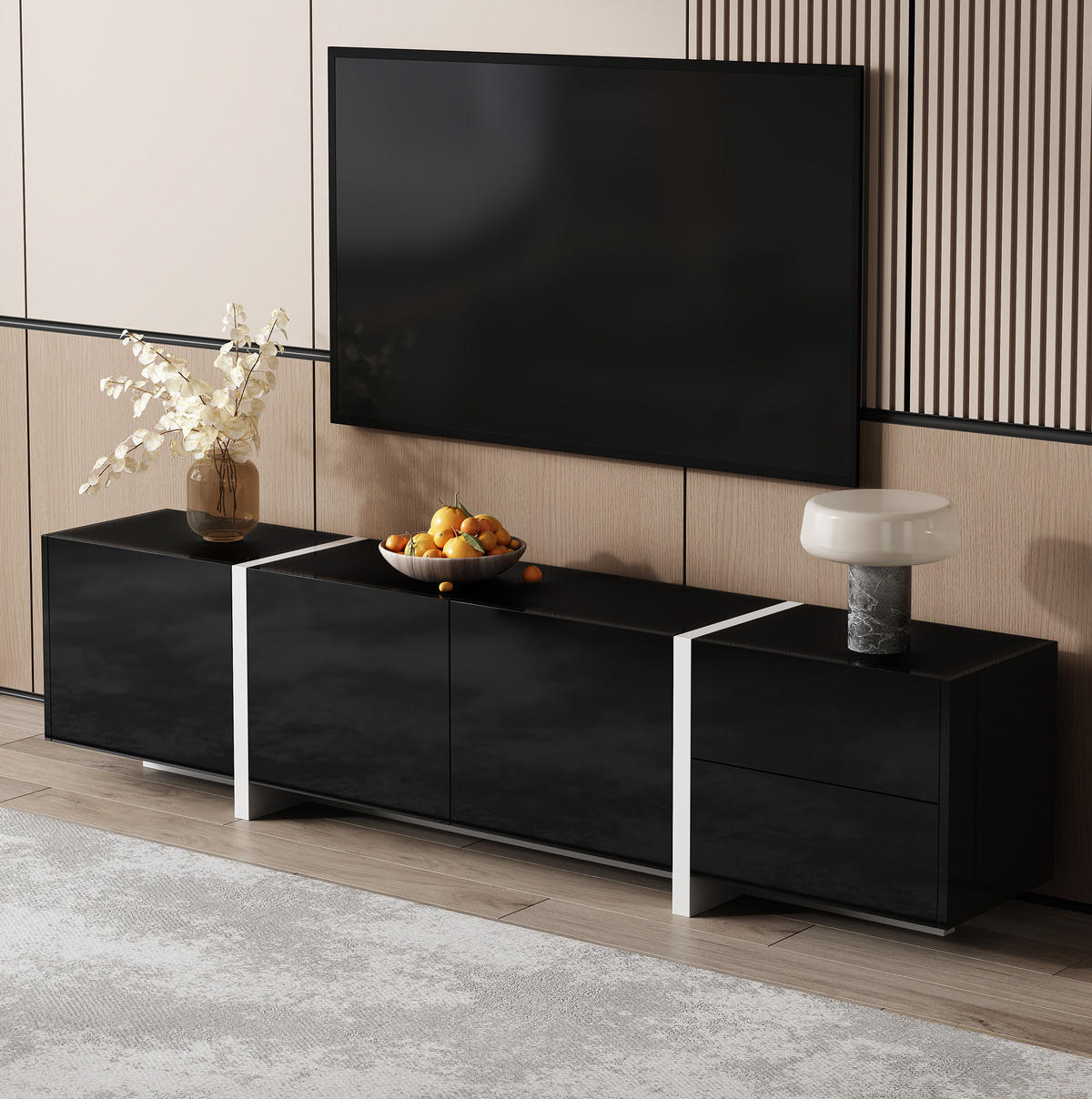 TV-LOWBOARD aus Holzwerkstoff 170x30x39 cm Schwarz/Weiß mit 3 Türen, 1 Schublade, Klappe und Kabeldurchlass - Schwarz, Holzwerkstoff (170/39/30cm) - Modfu