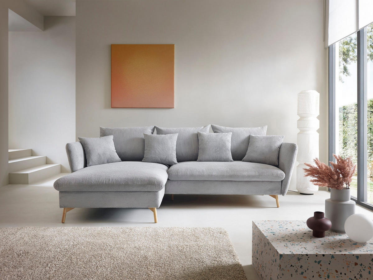 ECKSOFA NERA Grau Kordstoff mit Schlaffunktion - Grau, Holz (258/167cm) - MASSENO