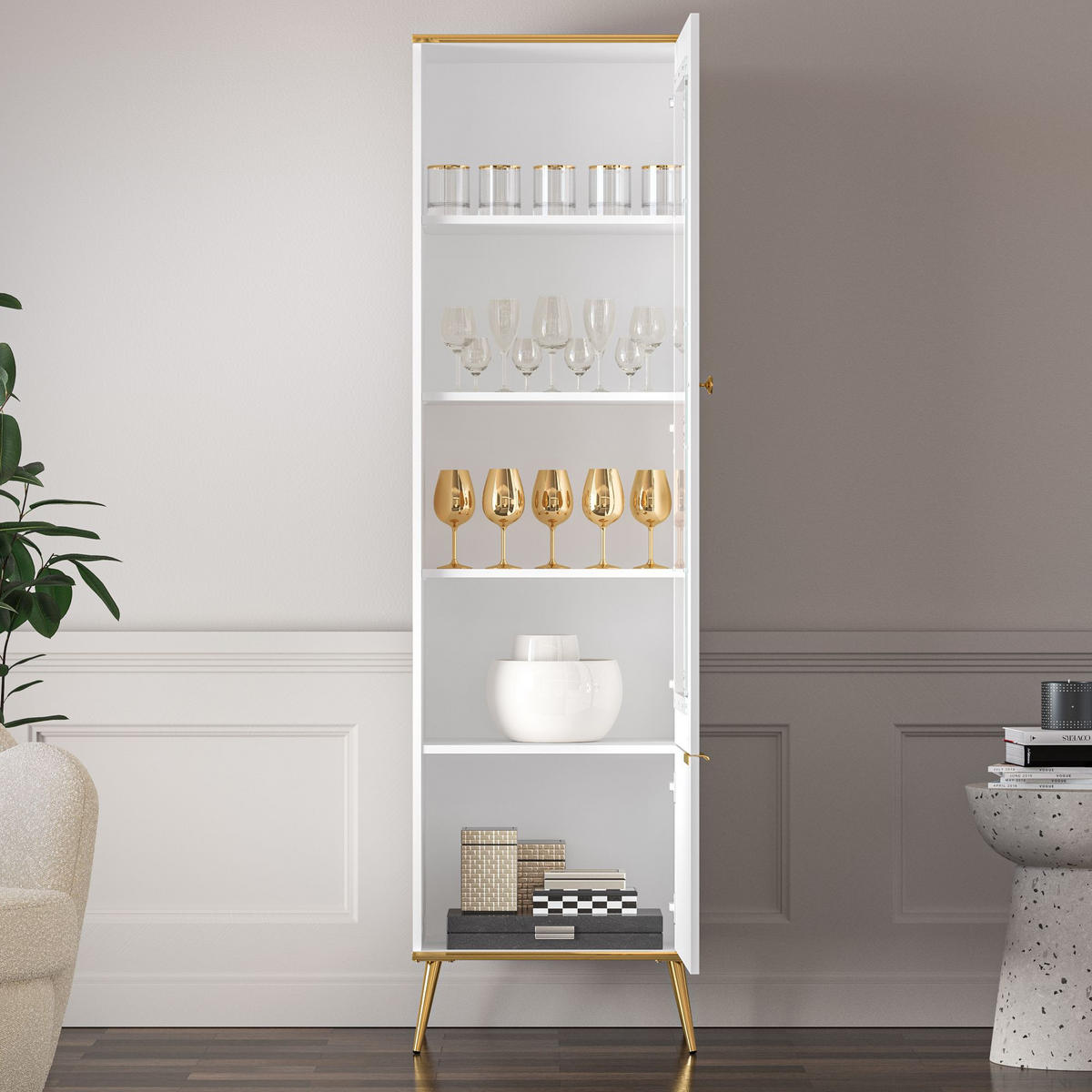 GLASVITRINE VELTI,Weiß - Weiß, Glas/Holzwerkstoff (55/195/40cm) - KONSIMO®