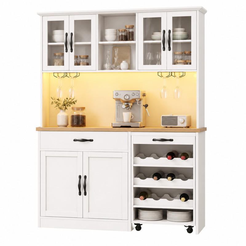 KÜCHENSCHRANK mit Rollwagen und LED 140 x 38 x 180 cm MDF Weiß - Weiß, Holzwerkstoff (38/180/140cm) - Meubliv