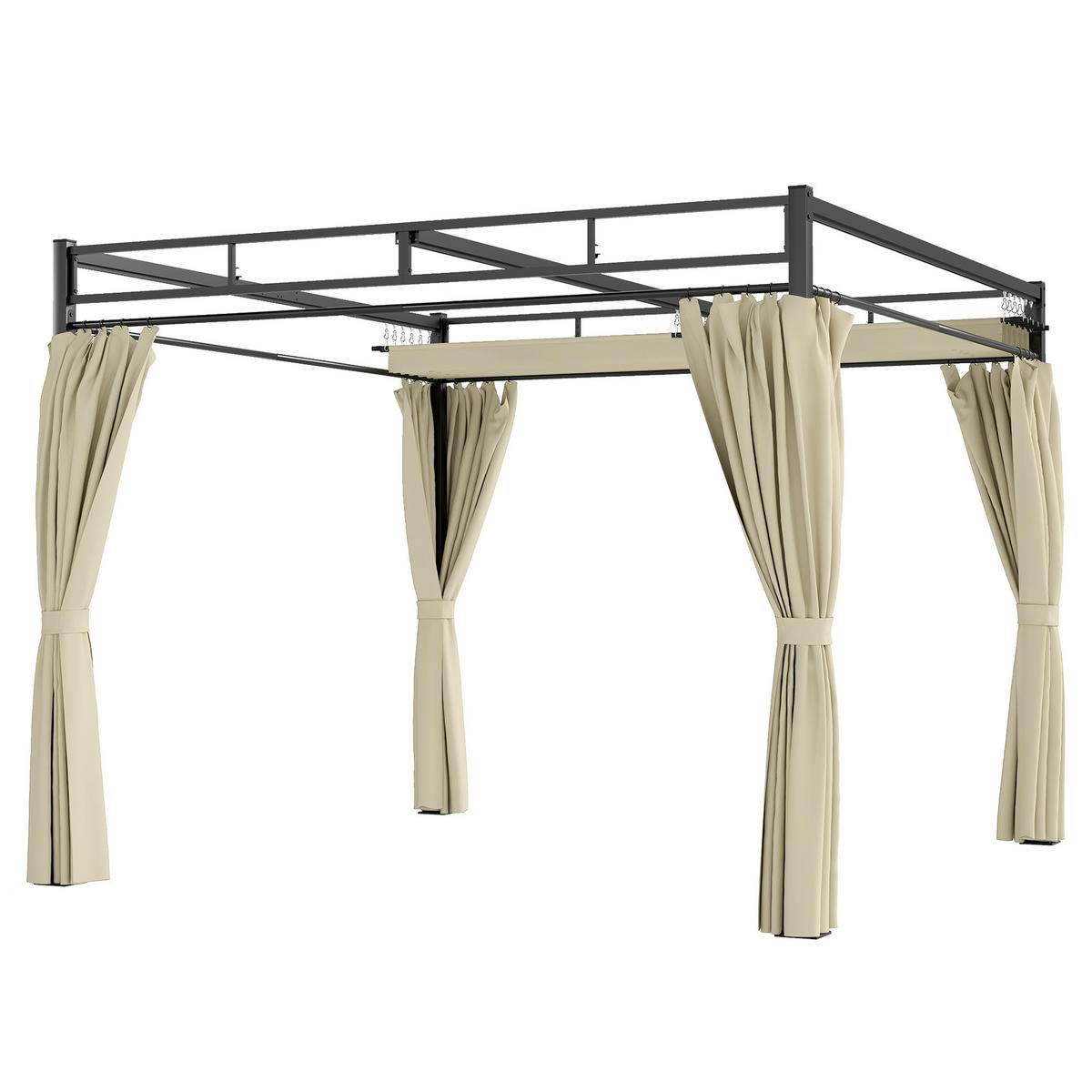 PERGOLA DE-12712 300/300 cm ausziehbar mit 4 Vorhängen UPF30+ Beige - Beige, Metall (295/221/295cm) - ComfortXL