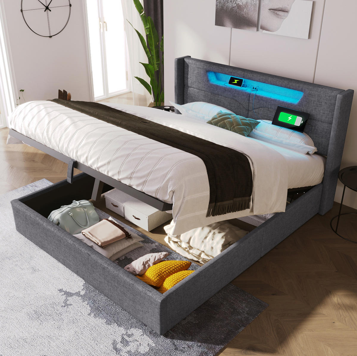 POLSTERBETT mit Matratze, LED und USB 140x200 cm Leinen Grau - Grau, Metall (140/200cm) - Meubliv
