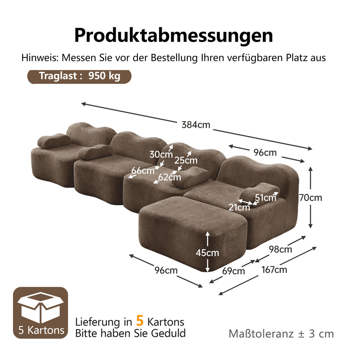 ECKSOFA DE-34348 Wellenform mit Ottoman Braun - Braun, Textil (167/384cm) - ComfortXL