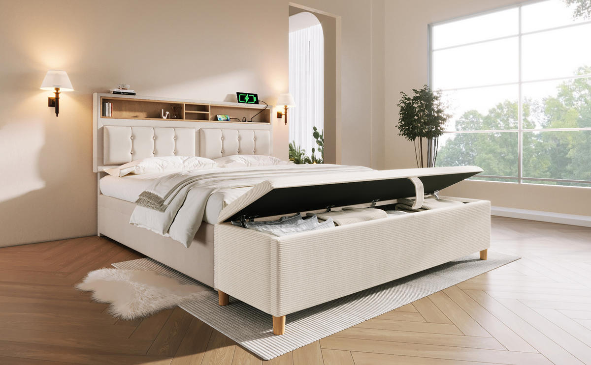 POSTEĽS úložným priestorom a nastaviteľným čelom (vrátane lavice) - béžová, kompozitné drevo/textil - Urban Meuble