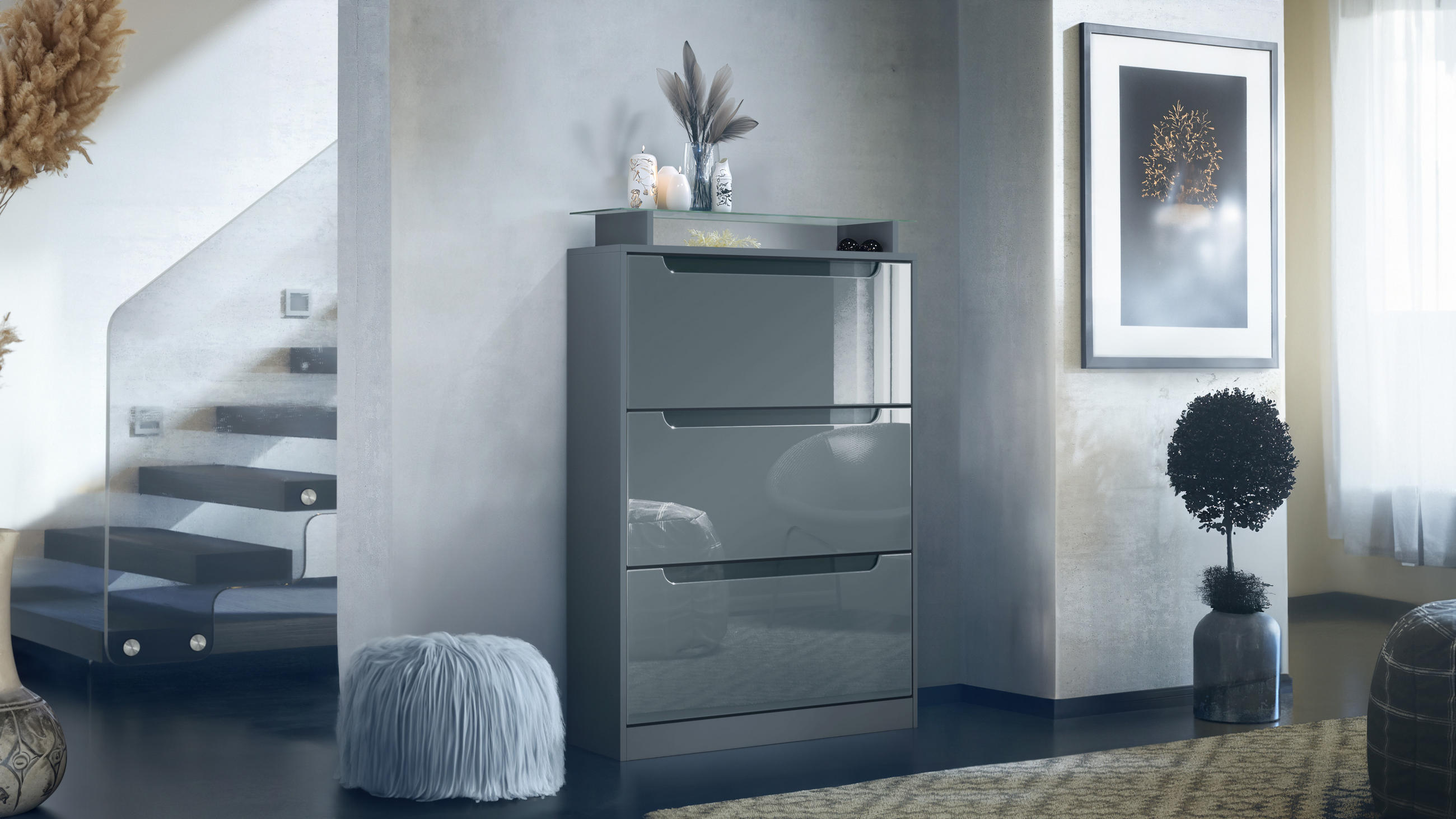 SCHUHSCHRANK Space Grau Hochglanz - Grau, Holzwerkstoff (89/128/23cm) - Vladon