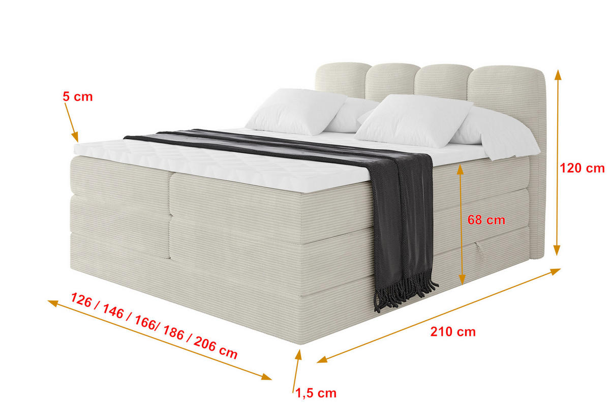 BOXSPRINGBETT mit Matratze H3/H4 - NINA KING - 160x200 cm Creme - Perlmutt, Holzwerkstoff (160/200cm) - ALTDECOR