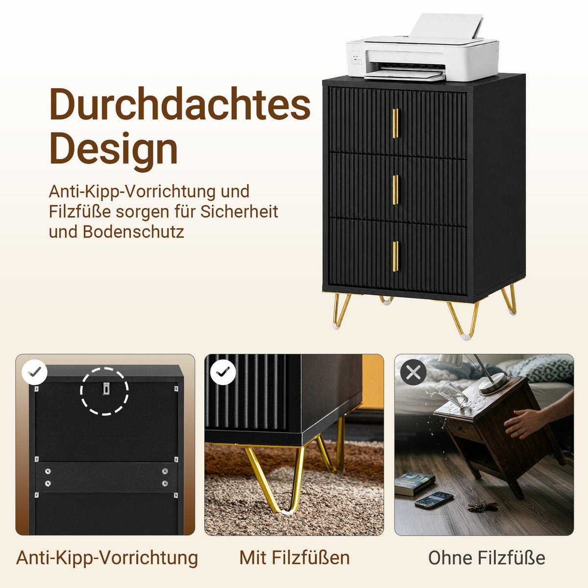 NACHTTISCH mit 3 Schubladen FBT115-L-SCHx2 - Schwarz, Holzwerkstoff (40/63/36cm) - SoBuy