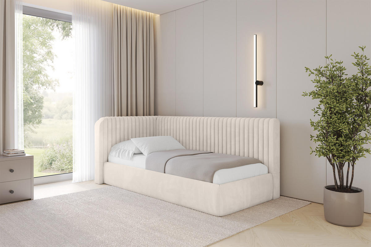 EINZELLBETT Jugendbett mit Bettkasten und Matratze H3/H4, Rechts - AURY 80x200 Beige - Sandfarben, Holzwerkstoff/Textil (80/200cm) - ALTDECOR