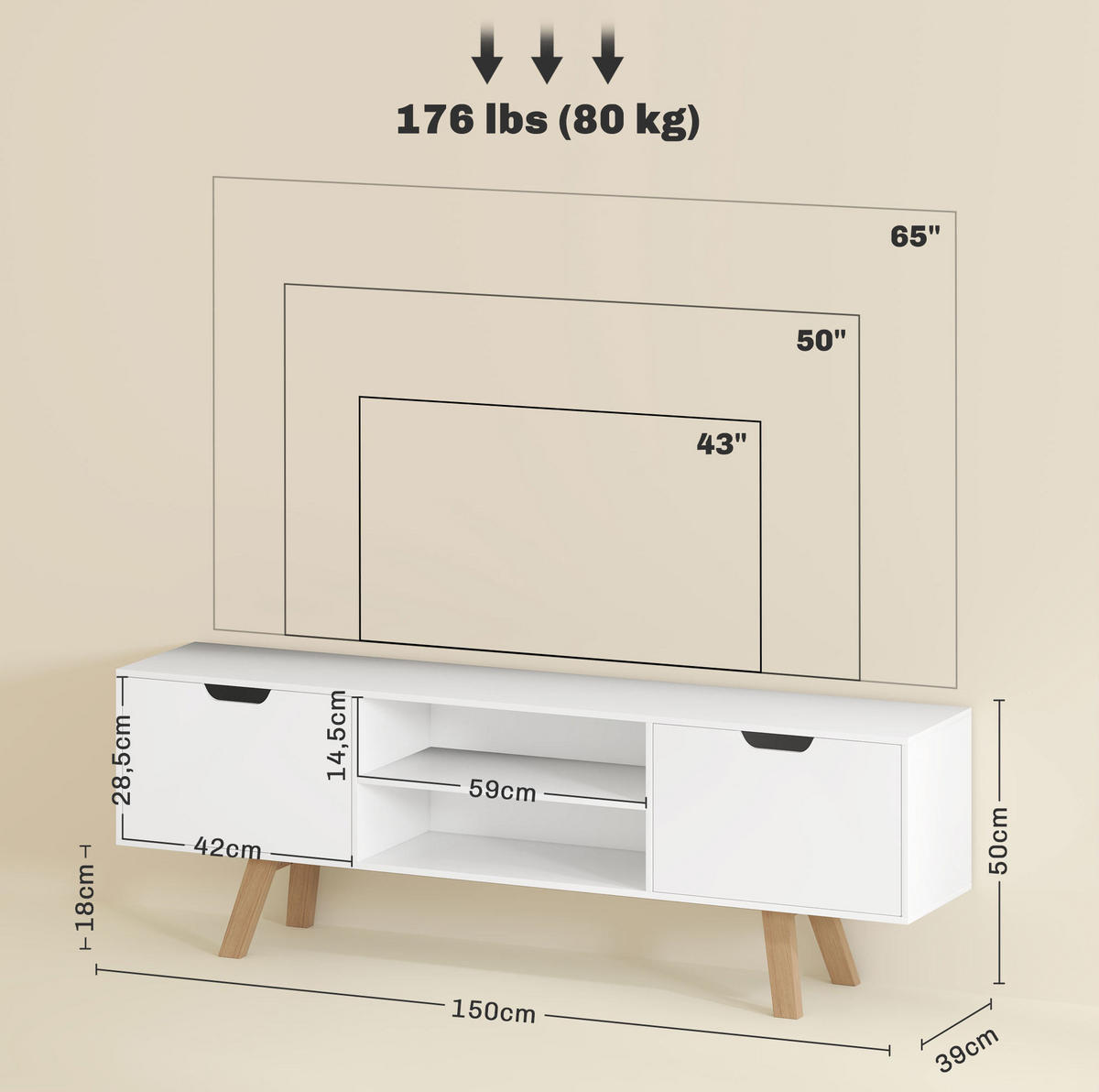 TV ormarić 150/39/50 cm bijeli od iverice s 2 ormarića i otvorenim policama - bijela, drvni materijal (150/50/39cm) - OKWISH
