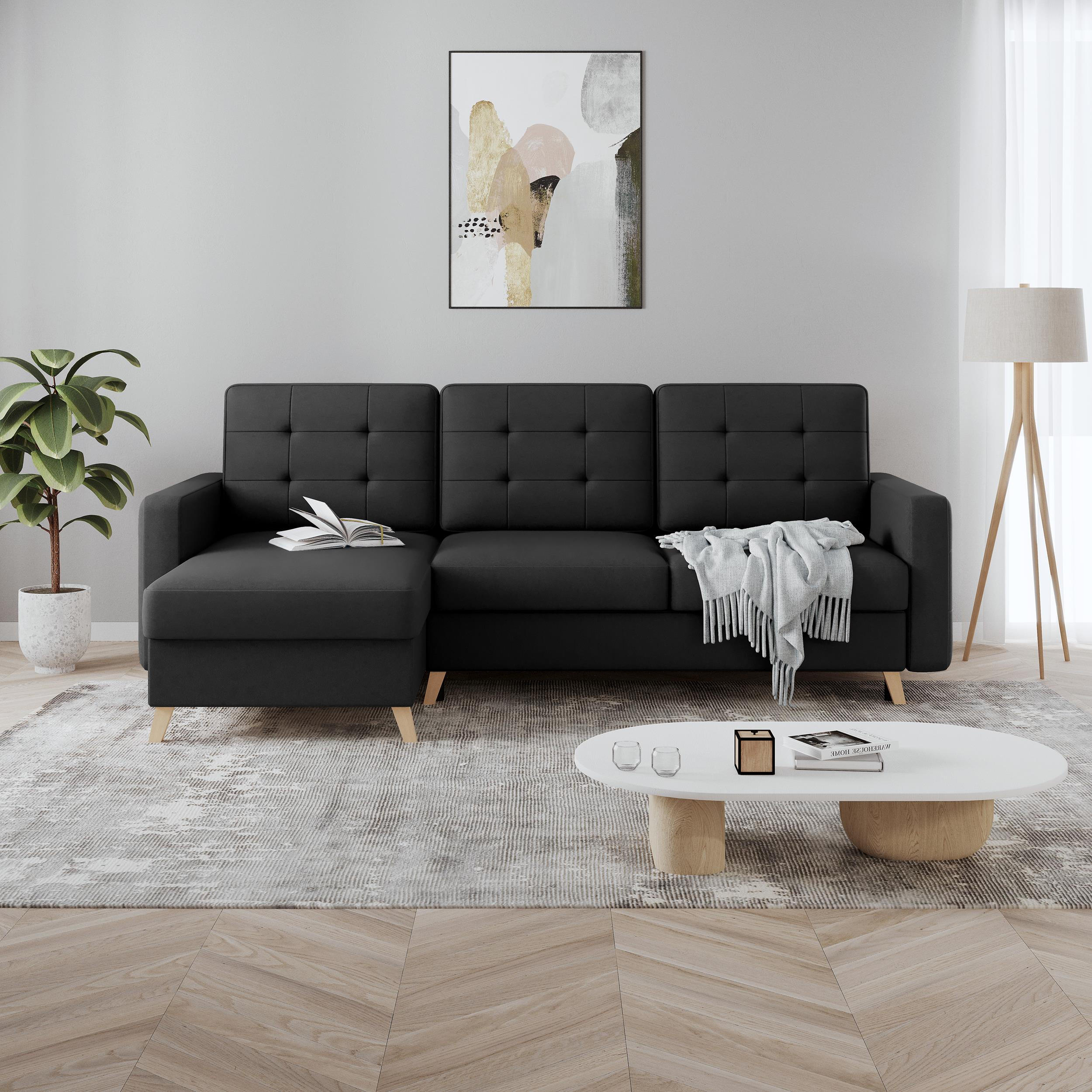 ECKSCHLAFSOFA Vinci mit universelle Ottomane, Dunkelgrau - Buchefarben/Schwarz, Textil (236/151cm) - Beautysofa