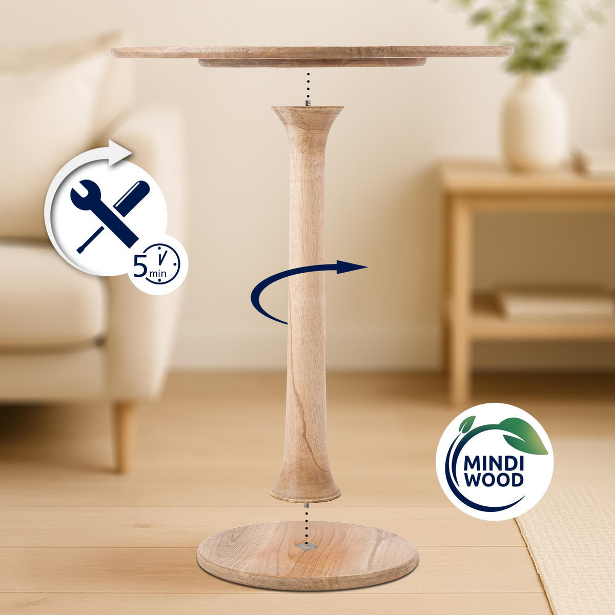 BEISTELLTISCH rund 70 cm Holz Natura - Eukalyptusholzfarben, Holz (70/70/77cm) - CLP