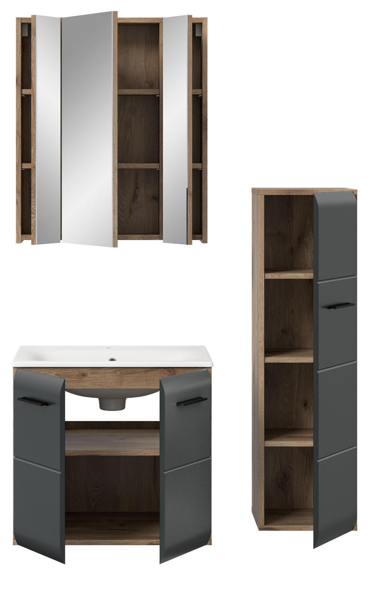 BADMÖBEL-SET 3-teilig Schwarz matt und Eiche, Badezimmer Komplett-Set mit Waschbecken, 105 x 185 cm - Eichefarben/Schwarz, Glas/Keramik (105/185/46cm) - Inn.Furn