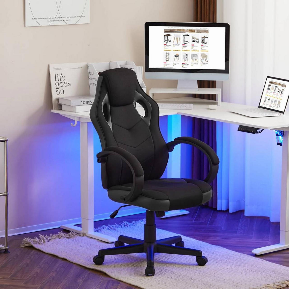GAMINGSTUHL mit Kopfkissen, Mesh-Gewebe, Grau + Schwarz - Schwarz/Grau, Textil/Metall (62/104/72.5cm) - Woltu