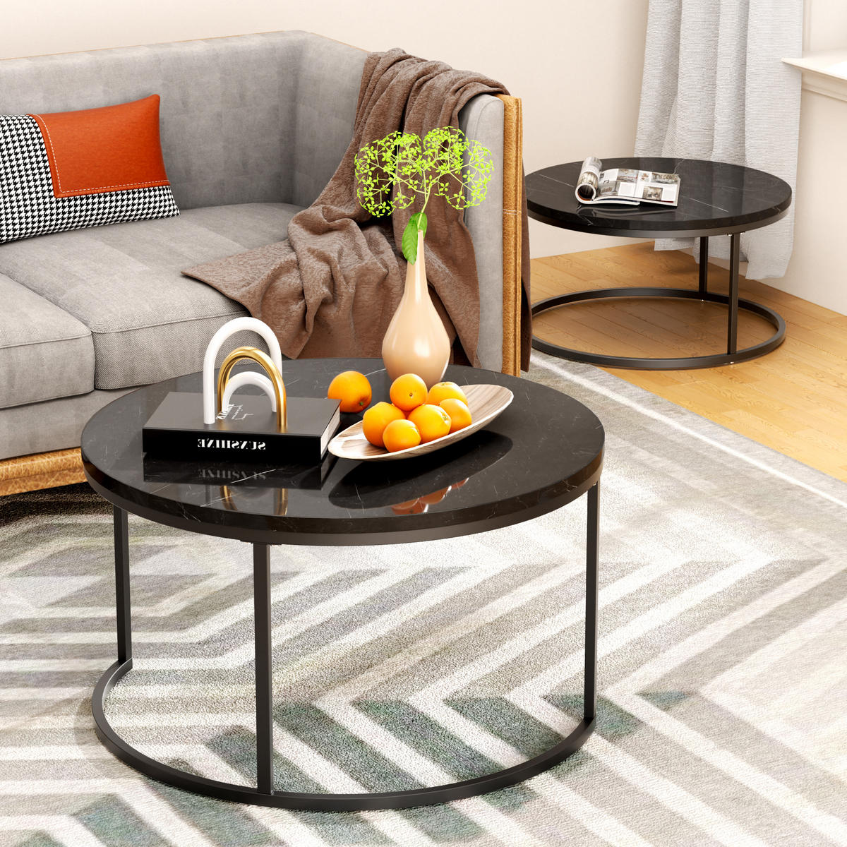 COUCHTISCH in Schwarz Hitzebeständiger Wohnzimmertisch mit Marmor-Optik Platte Sofatisch mit Metallgestell - Schwarz, Holzwerkstoff/Metall (80/80/45cm) - STILVORA