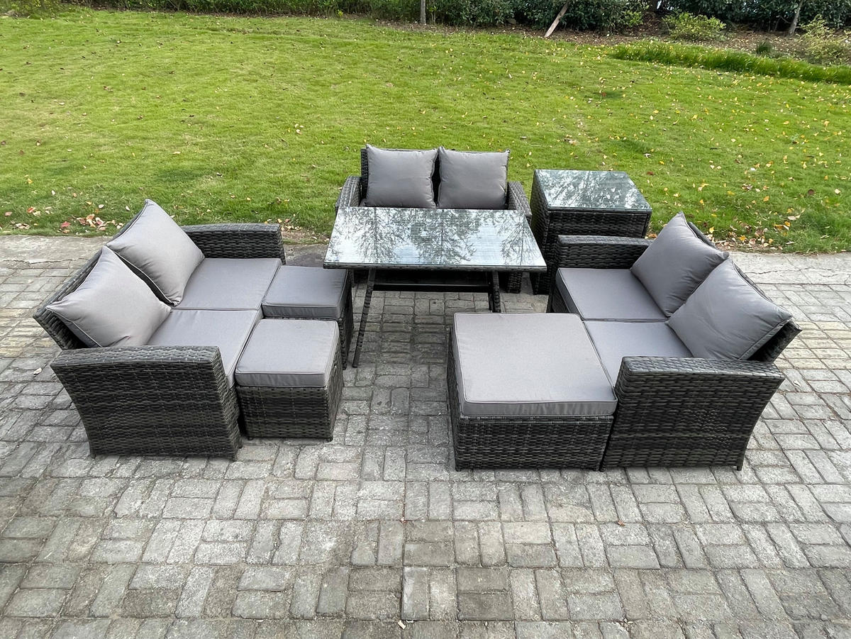 GARTENMÖBELSET mit ESSTISCH,HOCHLEHNER-SOFA Polyrattan Dunkelgrauer Mix 9-Sitzer - Dunkelgrau/Grau, Glas/Kunststoff - Fimous