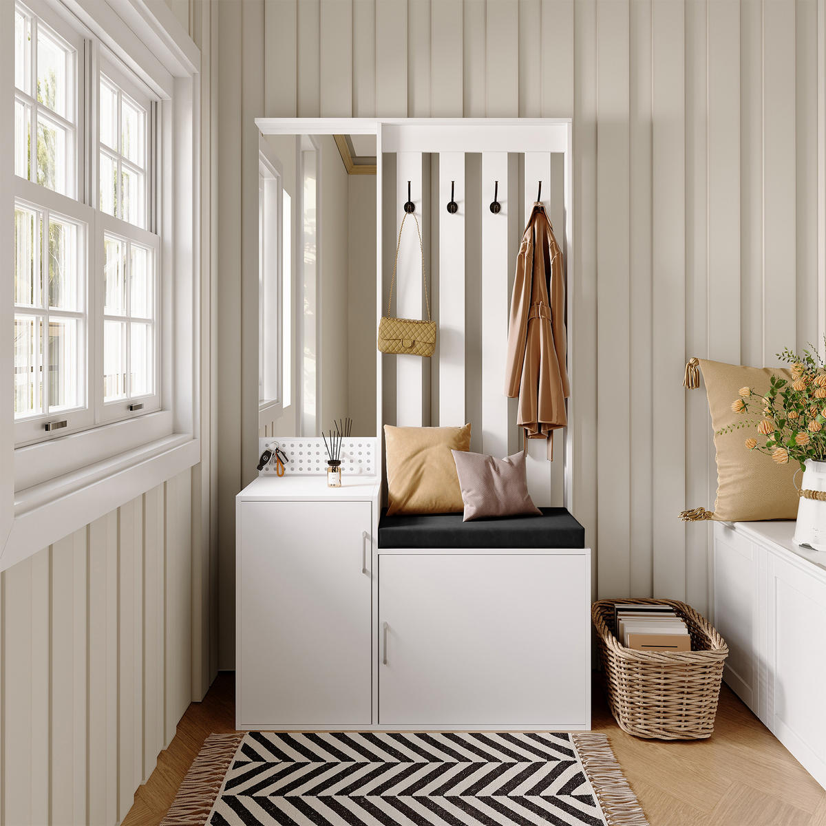 GARDEROBENSET mit Schuhbank, Wandgarderobe, Ganzkörperspiegel, Schubladen, Haken und Sitzkissen - Weiß, Holz (40/180/100cm) - PARAFTA HOME