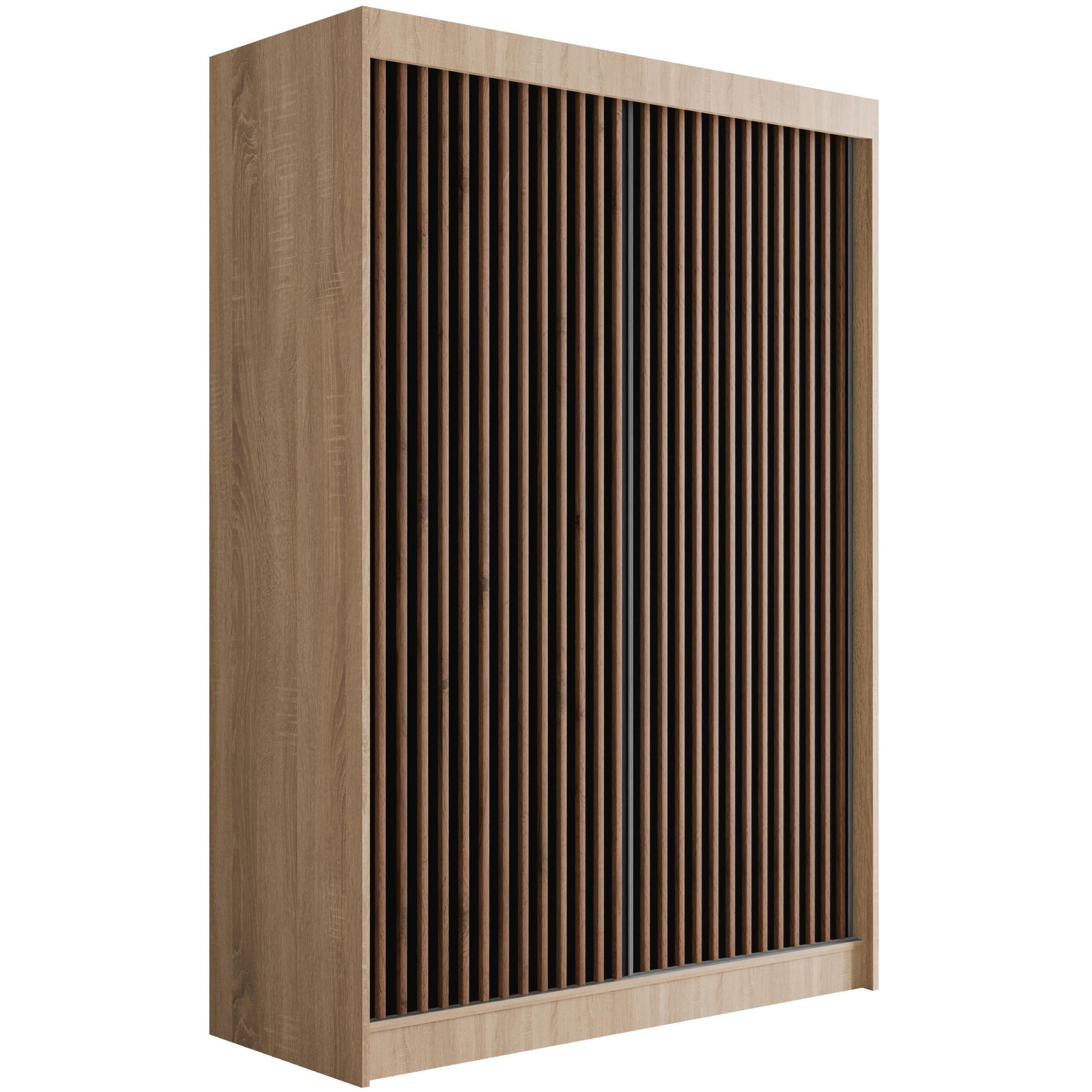 ALTDECOR ŠATNÍ SKŘÍŇ s lamelovými posuvnými dveřmi VILANv2 – 120 cm Sonoma dub + lamely z dubu wotan
